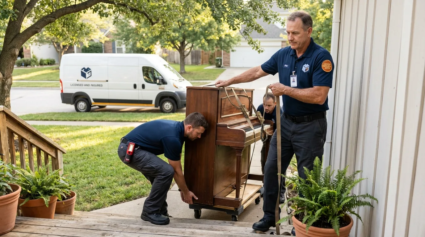 Licensed piano movers securing grand piano in Aguada, PR