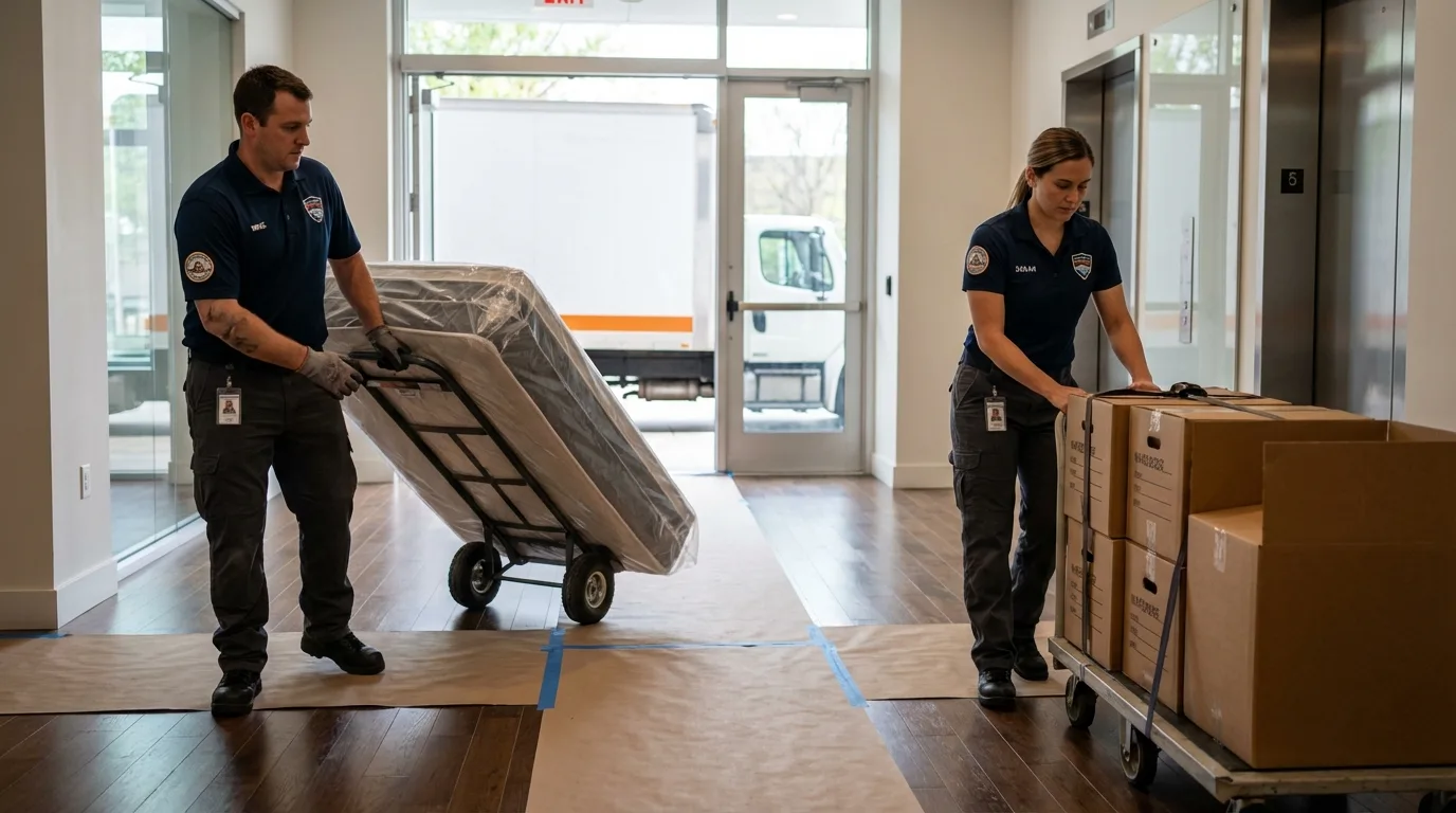 Professional apartment movers loading elevator in Aguada, PR